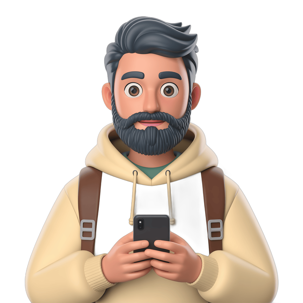 Cartoon man with beard using smartphone for social media content creation and online communication PNG - transparent background