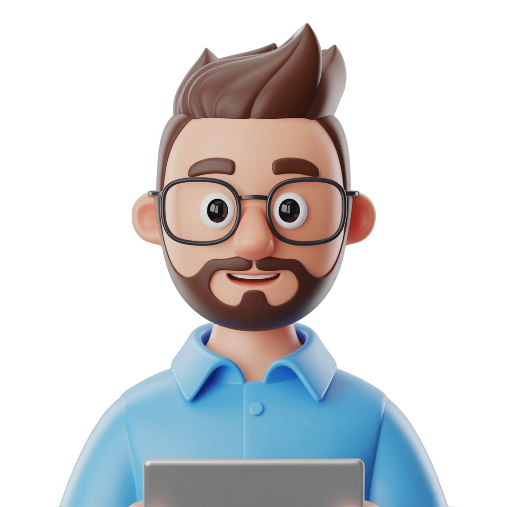 Cartoon man with glasses holding laptop for presentations and digital marketing illustrations PNG - transparent background