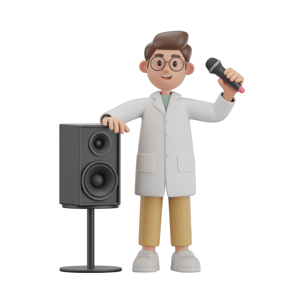 Cartoon scientist presenting with microphone and speaker for educational and presentation graphics PNG - transparent background