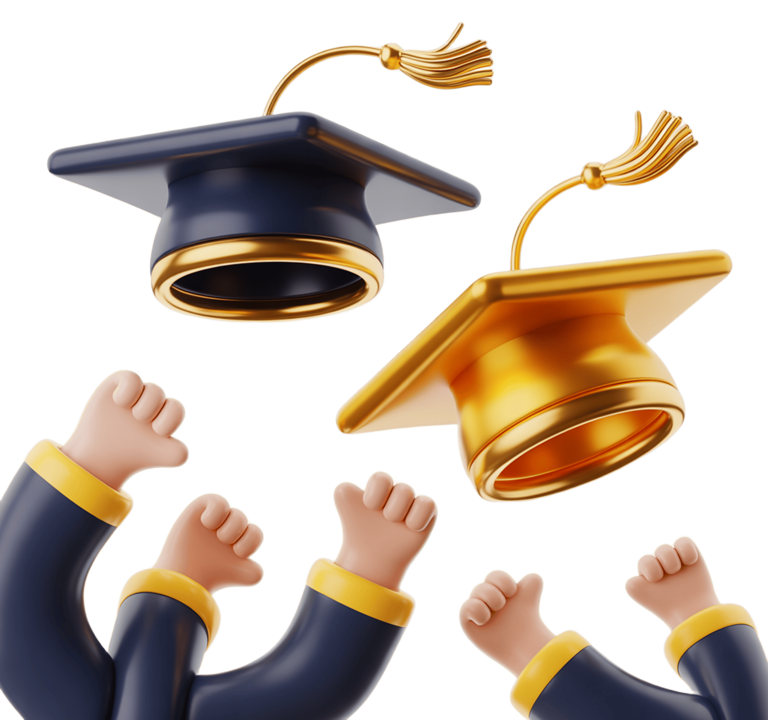 Celebrating graduation success with joyful fists raised and floating caps in 3d clipart style PNG - transparent background