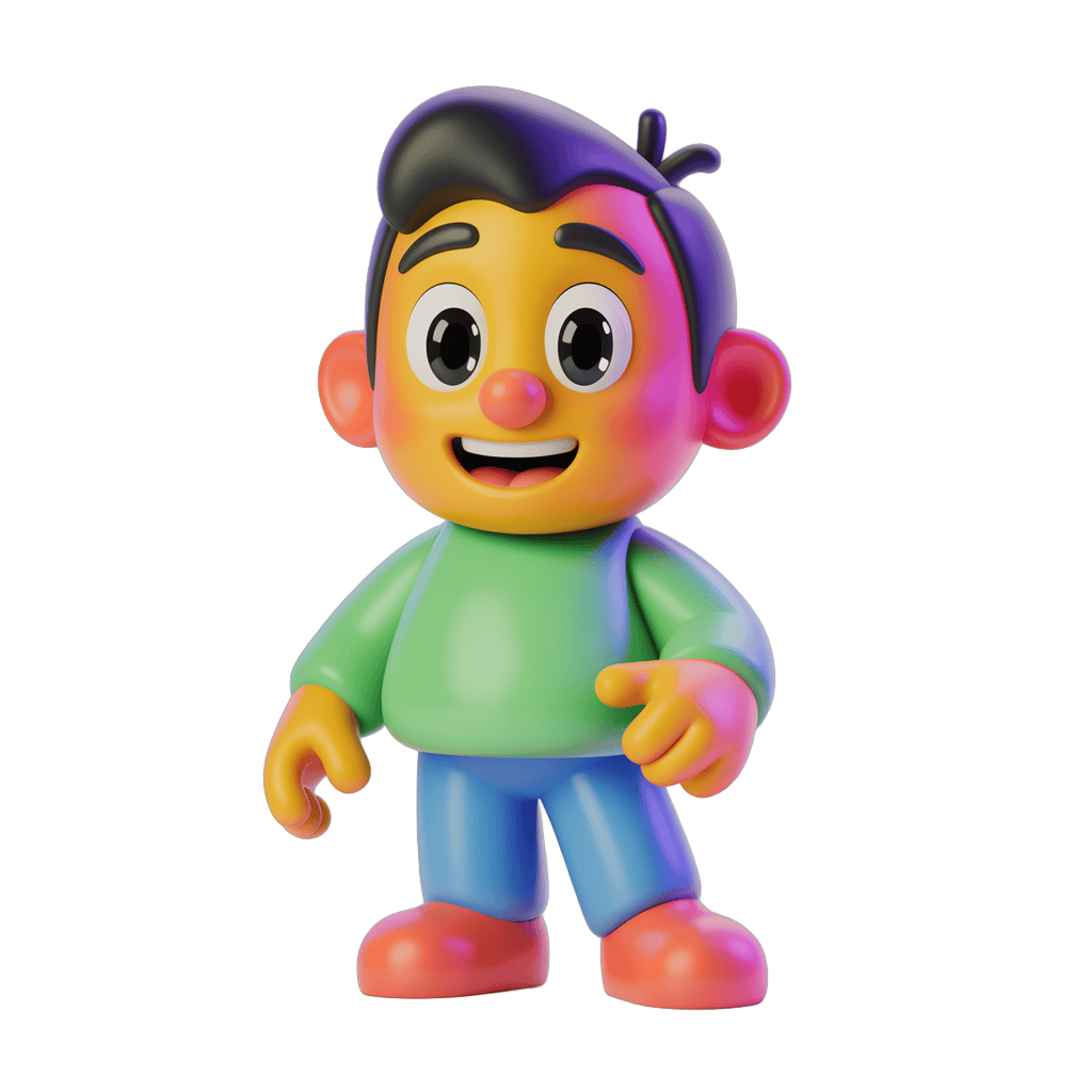 Cheerful cartoon boy character with colorful hair and clothes for children illustrations PNG - transparent background