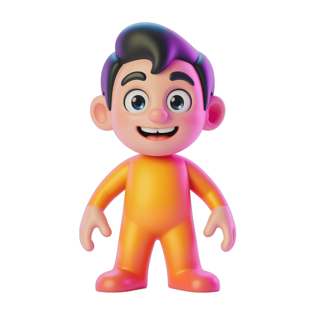 Cheerful cartoon boy character with purple hair and orange shirt for children illustrations PNG - transparent background