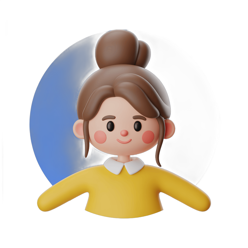 Cheerful cartoon girl with brown hair in bun wearing yellow sweater for cheerful illustrations and branding PNG - transparent background