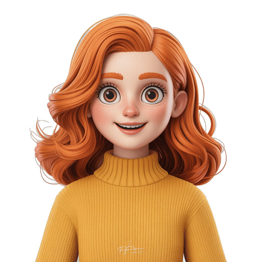 Cheerful cartoon girl with curly red hair wearing yellow turtleneck for children illustrations and branding PNG - transparent background