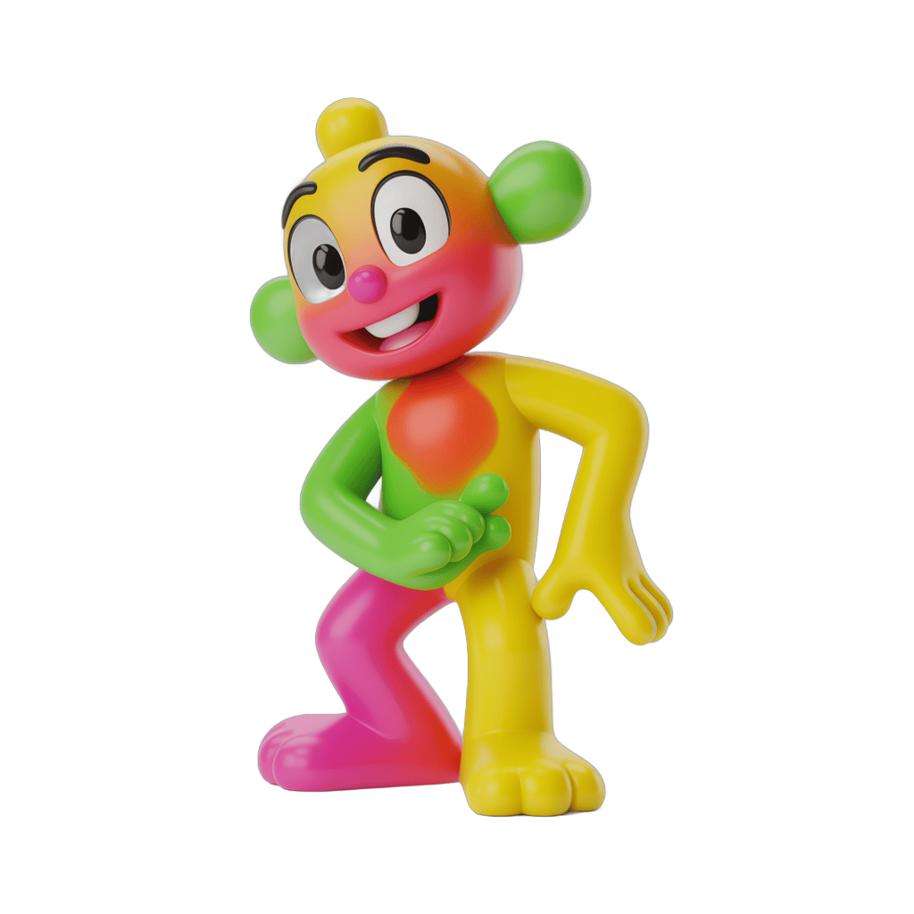 Cheerful cartoon monkey toy character dancing in vibrant colors for kids play and animation PNG - transparent background