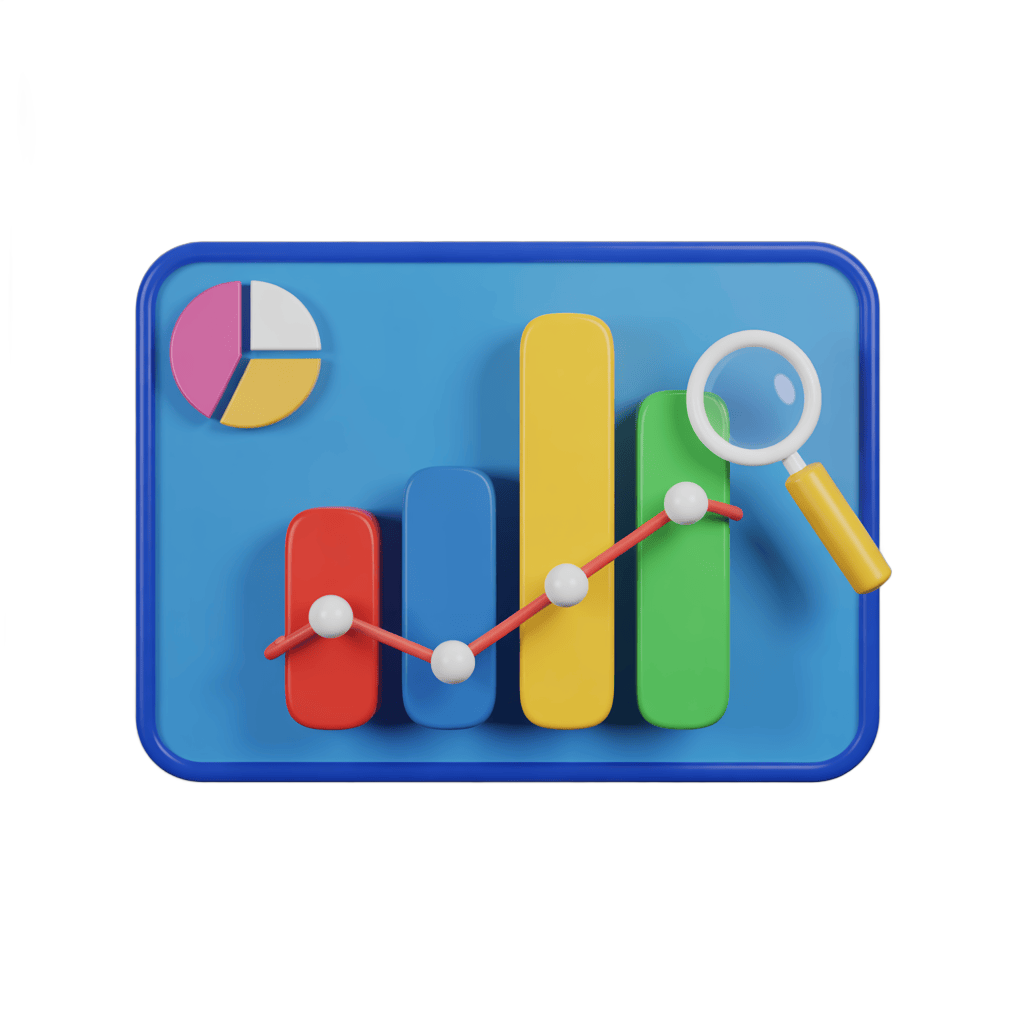 Colorful 3d bar chart with pie chart and magnifying glass for business analytics presentation slides PNG - transparent background
