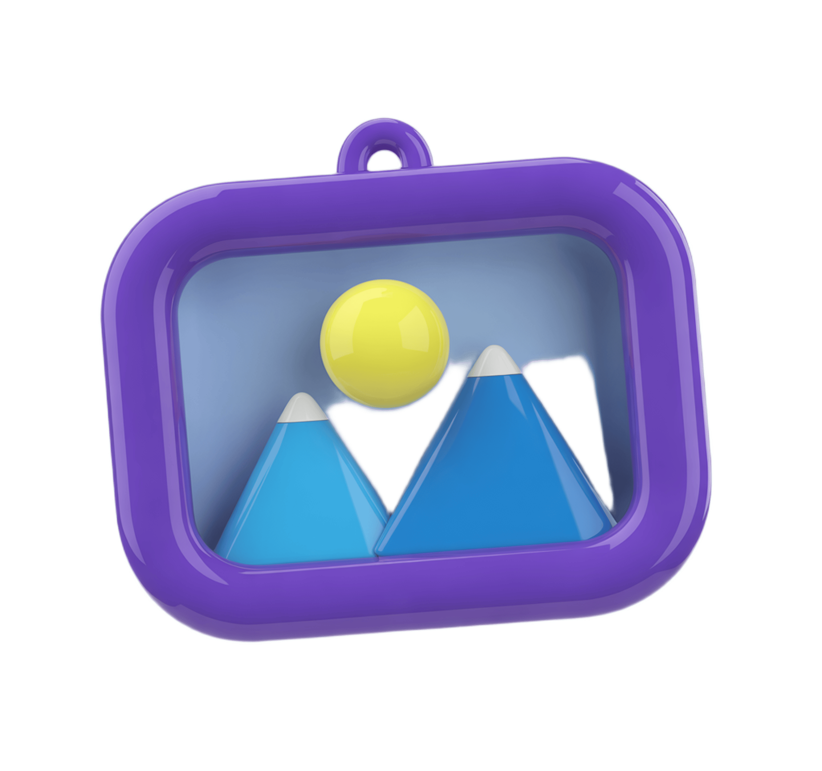 Colorful 3d gallery frame clipart with mountain landscape and yellow sun for website graphics PNG - transparent background