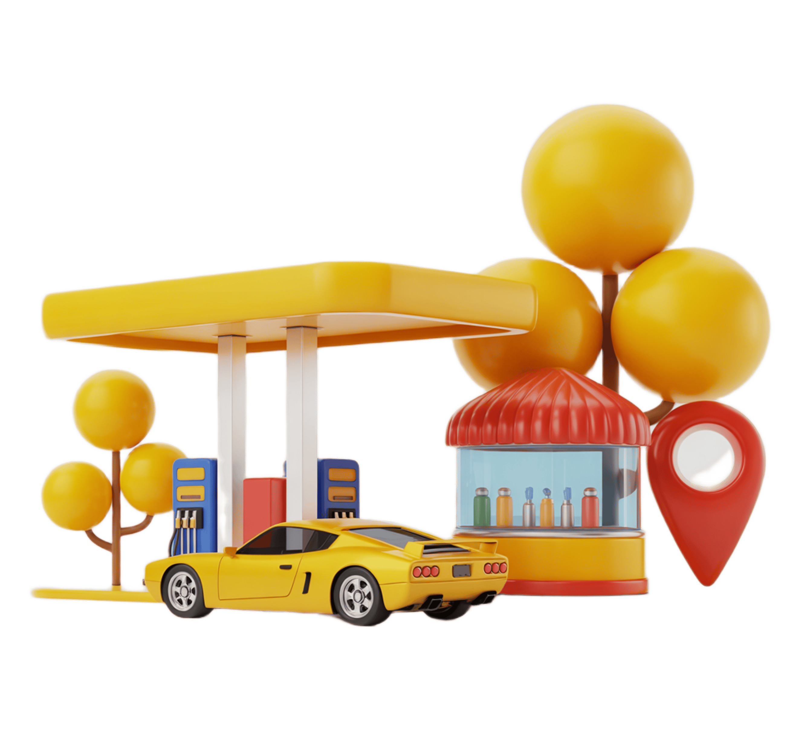 Colorful 3d gas station with car and convenience store for travel and road trip illustrations PNG - transparent background