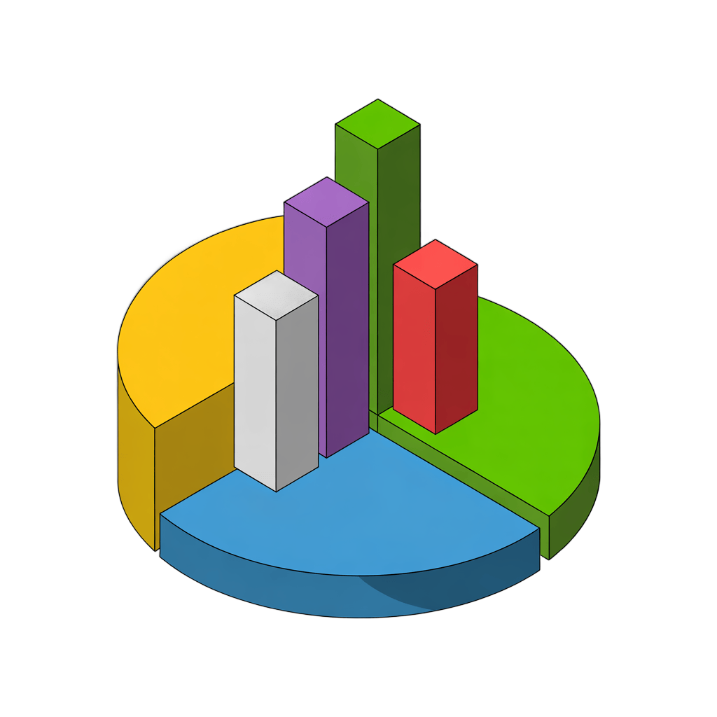Colorful 3D pie chart with bar graph illustrating data comparison for business presentations and reports PNG - transparent background