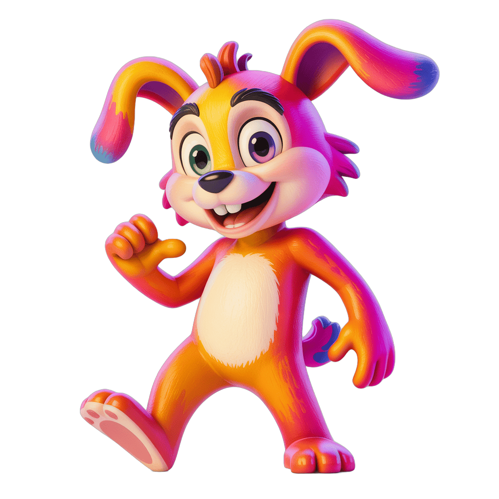 Colorful animated cartoon rabbit character waving cheerfully isolated transparent background PNG - transparent background