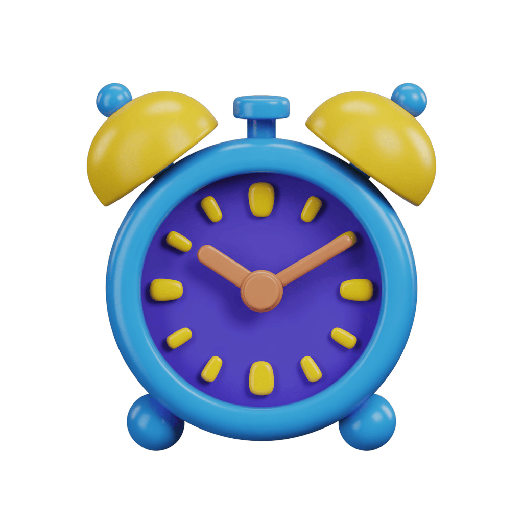 Colorful cartoon alarm clock with yellow bells and blue body for digital designs and presentations PNG - transparent background