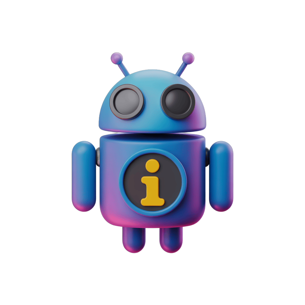 Colorful cartoon android robot with information icon for app design and tech illustrations PNG - transparent background