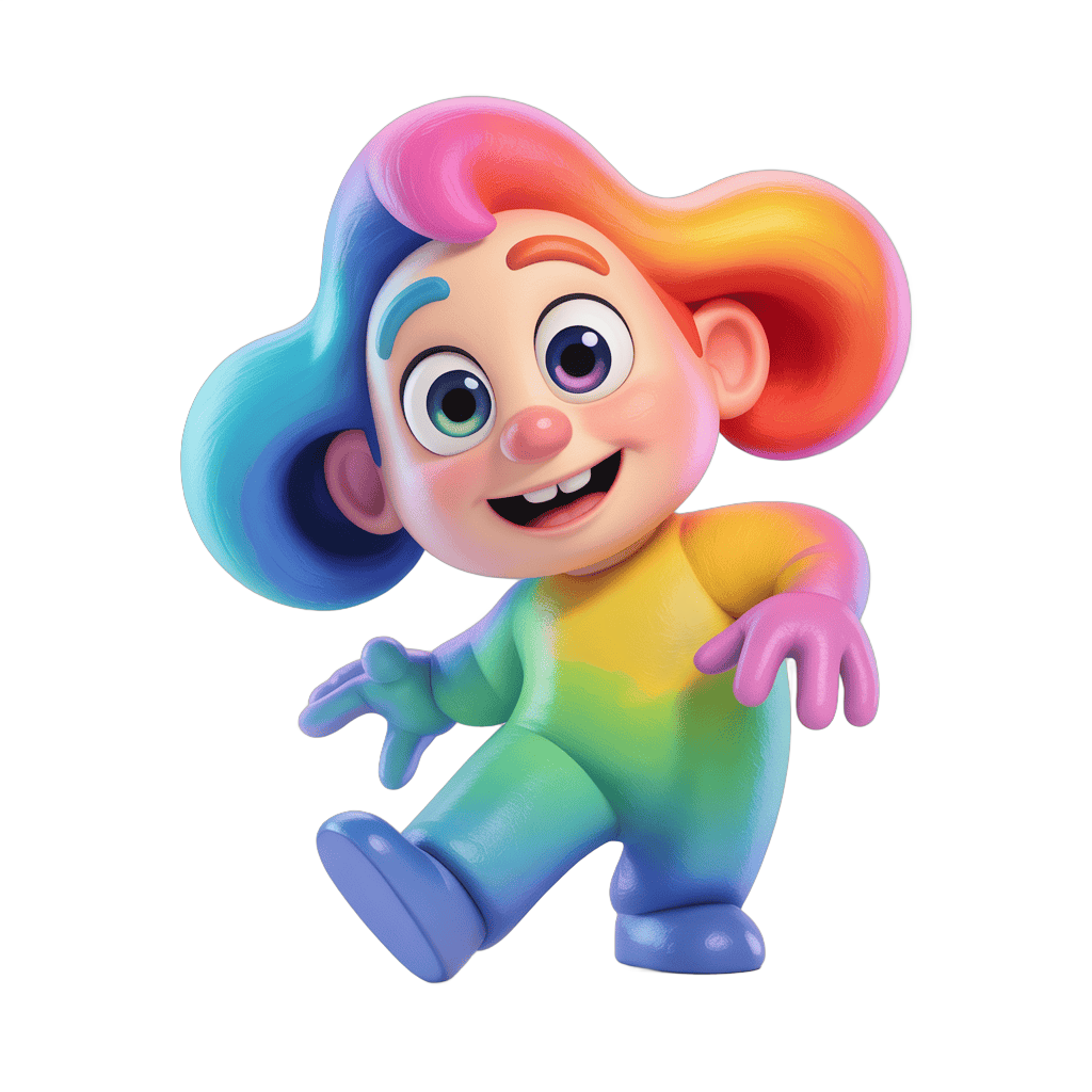 Colorful cartoon character running with rainbow hair and cheerful expression for kids content PNG - transparent background