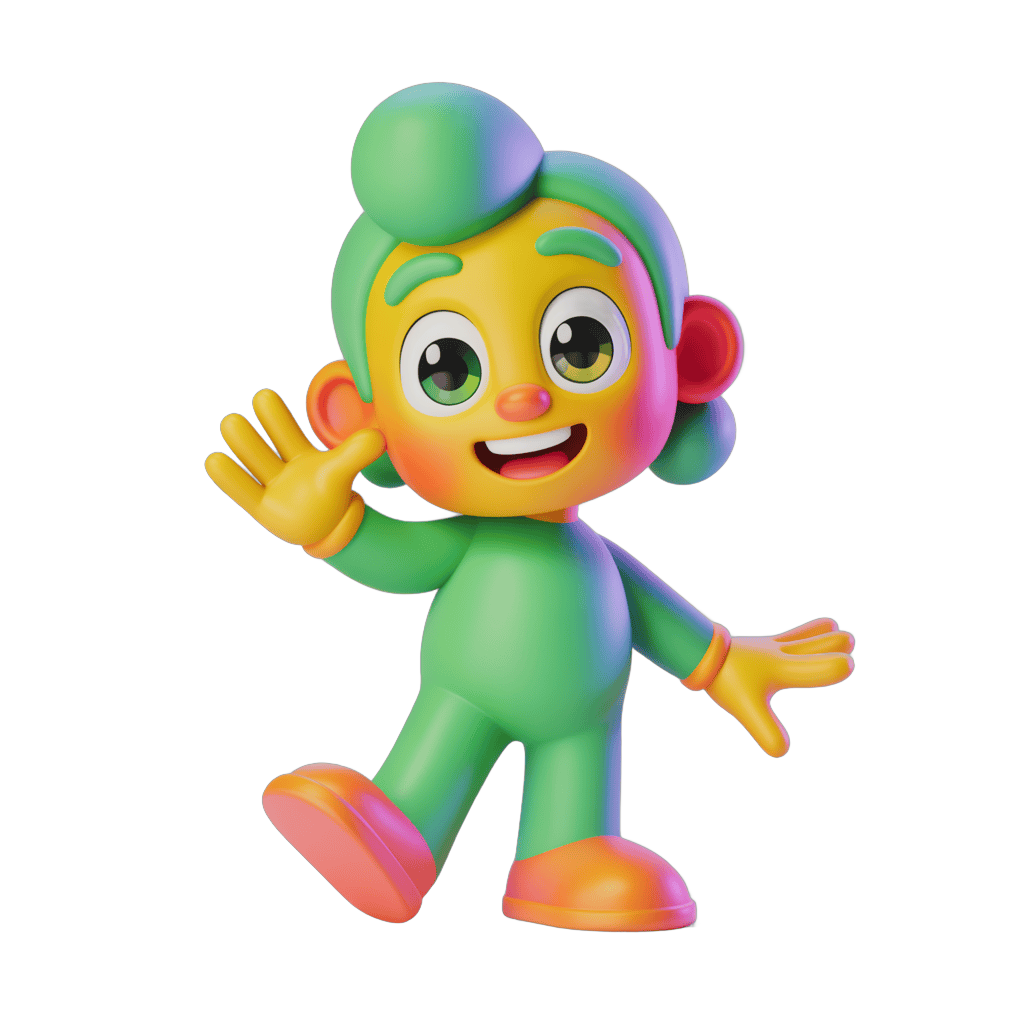 Colorful cartoon character waving cheerfully for children's educational content PNG - transparent background