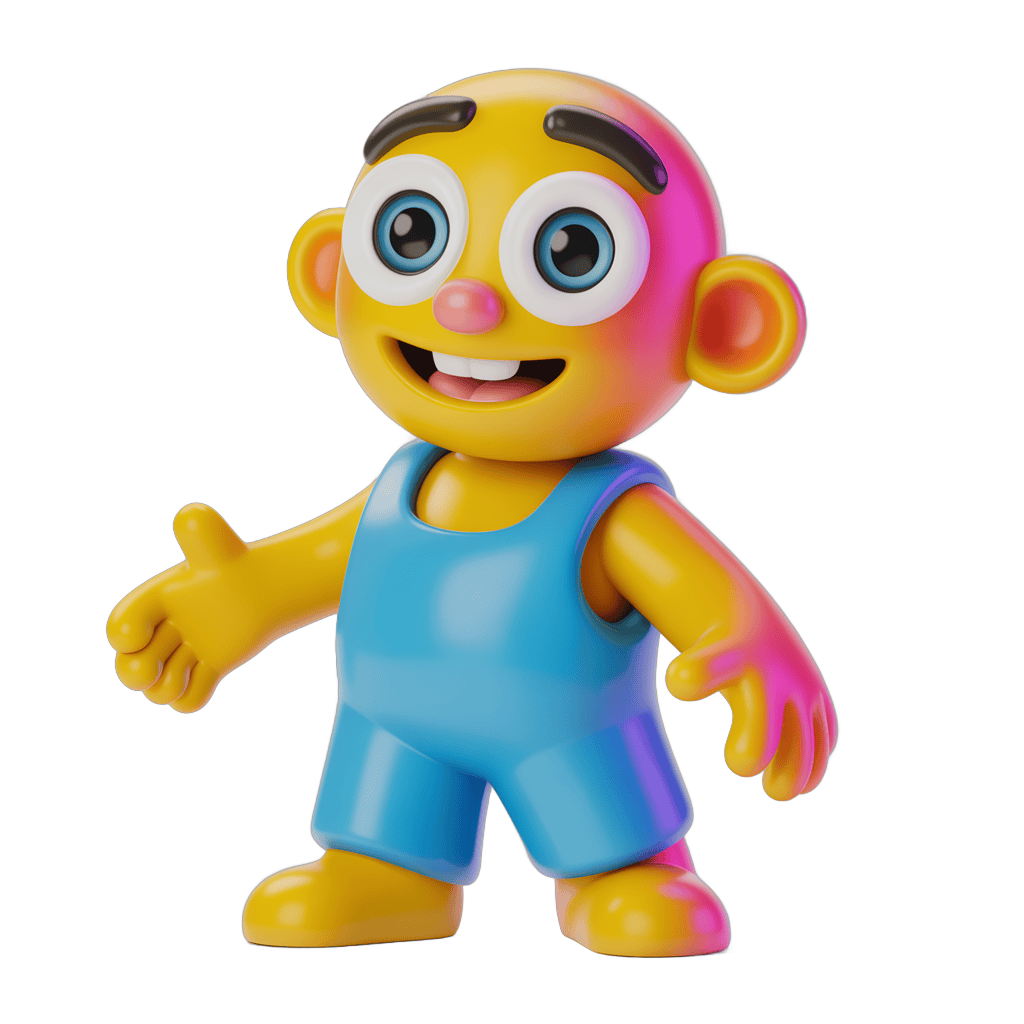 Colorful cartoon character waving in blue overalls for kids content and illustrations PNG - transparent background