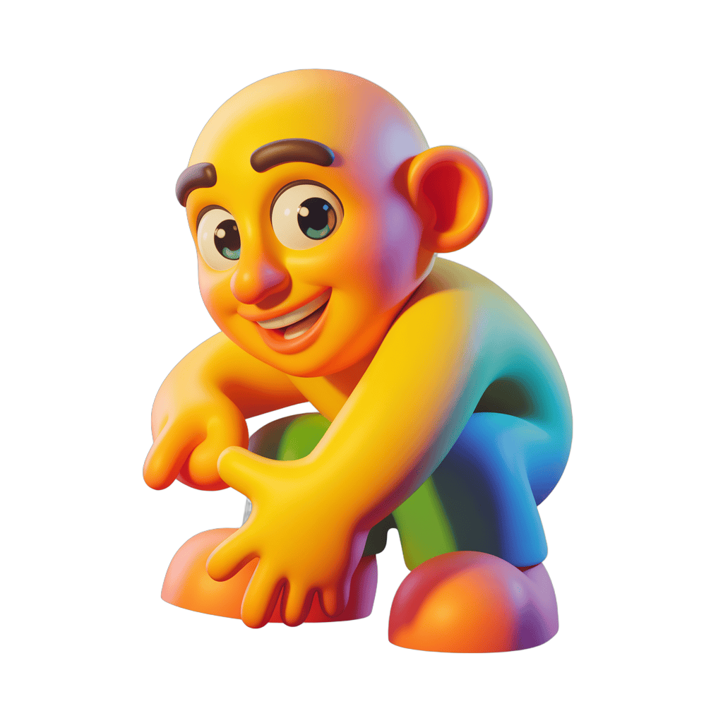 Colorful cartoon monkey character sitting with hands clasped cheerfully PNG - transparent background