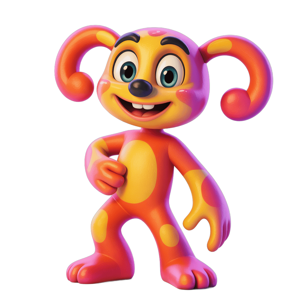 Colorful cartoon monkey character with curly ears standing cheerfully for children illustrations PNG - transparent background
