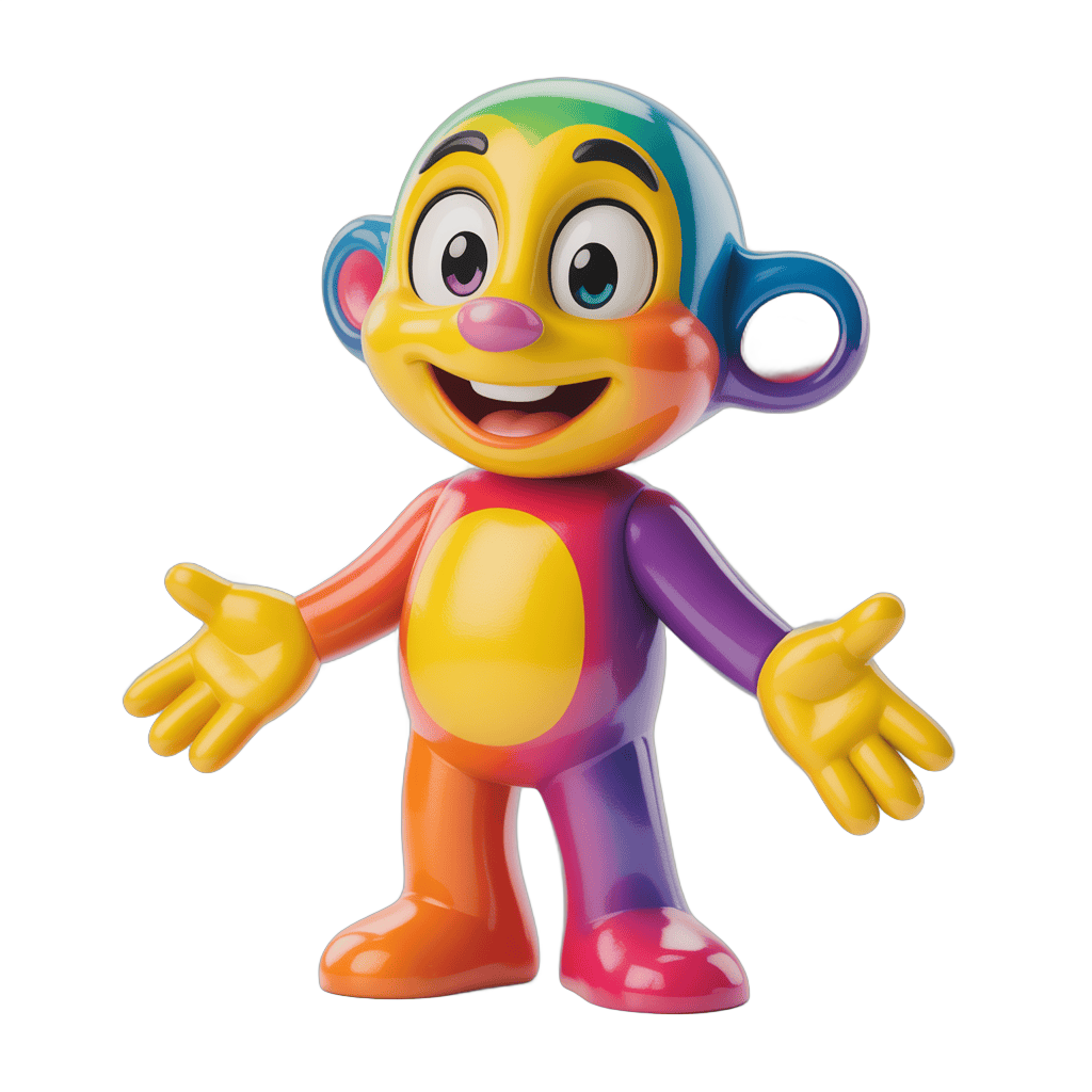 Colorful cartoon monkey toy character with arms outstretched for kids play and marketing PNG - transparent background