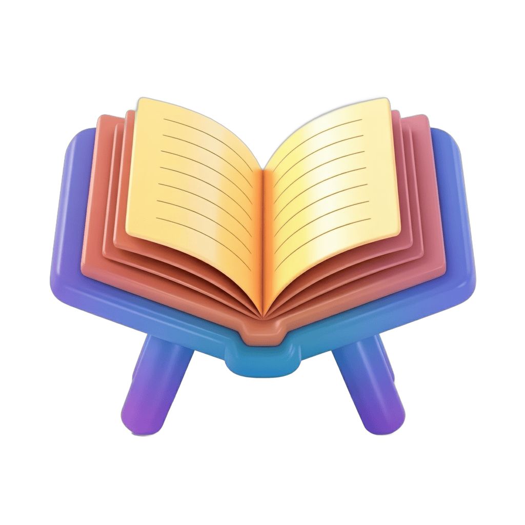 Colorful children's book stand with open hardcover book for educational illustrations and kids learning materials PNG - transparent background
