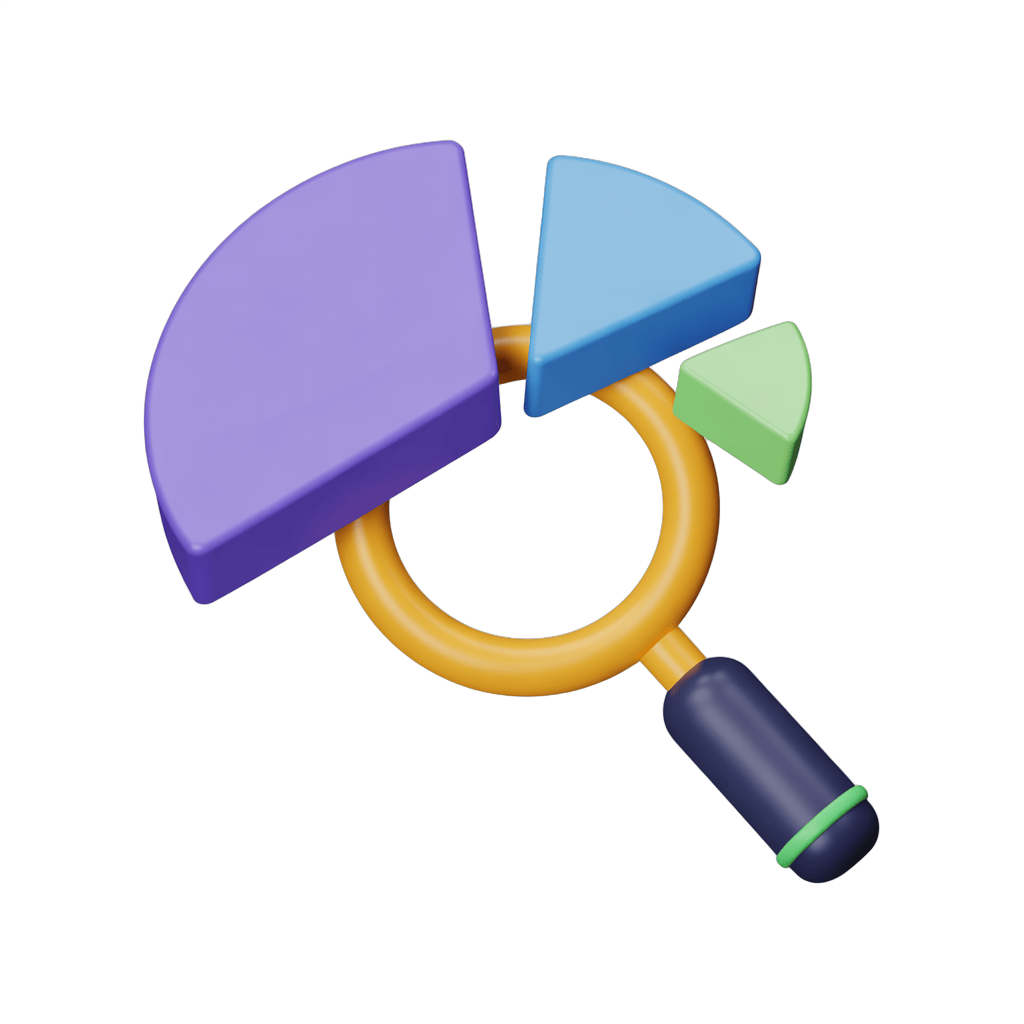 Colorful pie chart graphic with magnifying glass for data analysis and business presentations PNG - transparent background