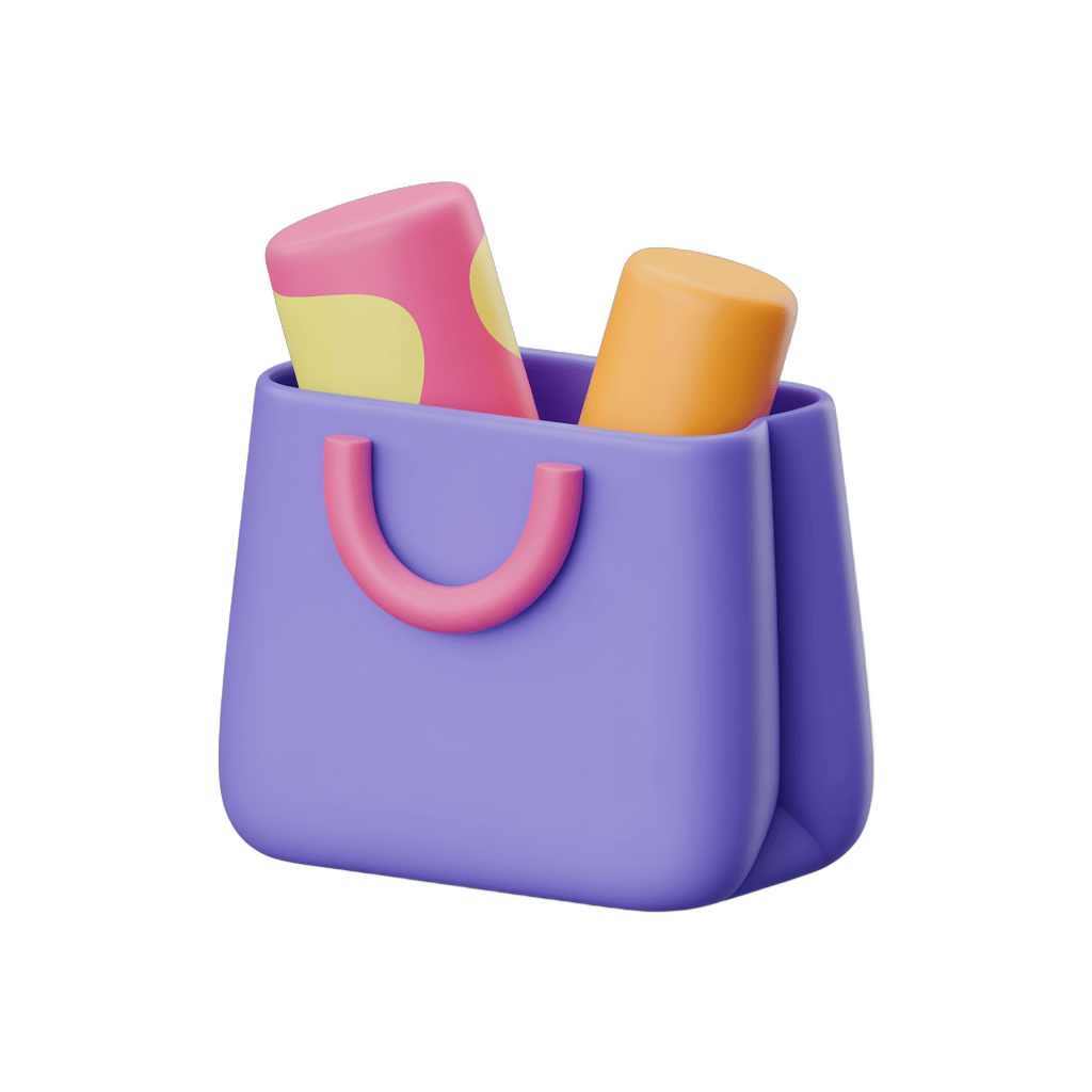 Colorful shopping bag clipart with three makeup brushes for beauty product packaging and marketing PNG - transparent background
