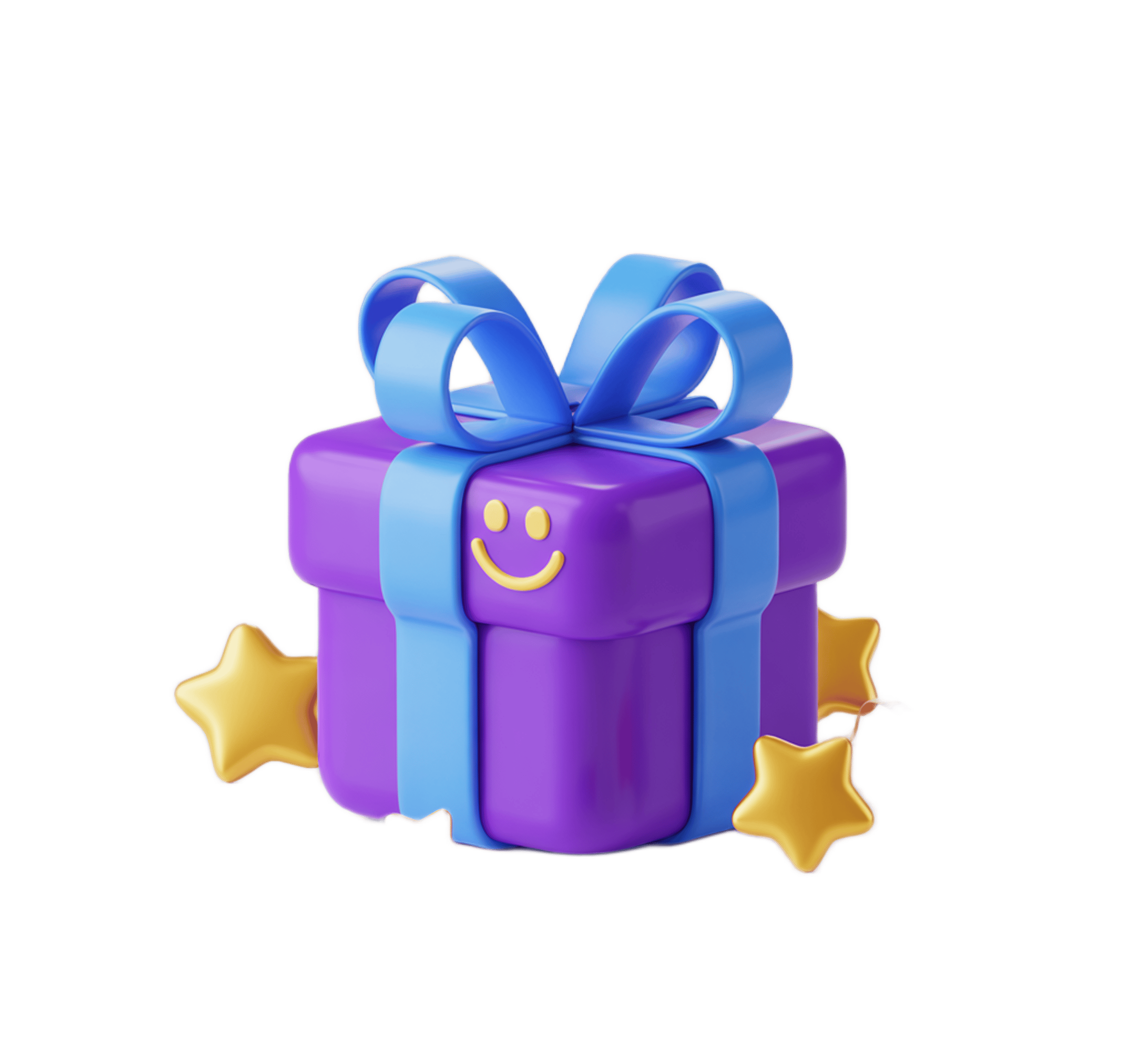 Colorful smiling gift box with bow and stars for birthday celebration clipart PNG - transparent background