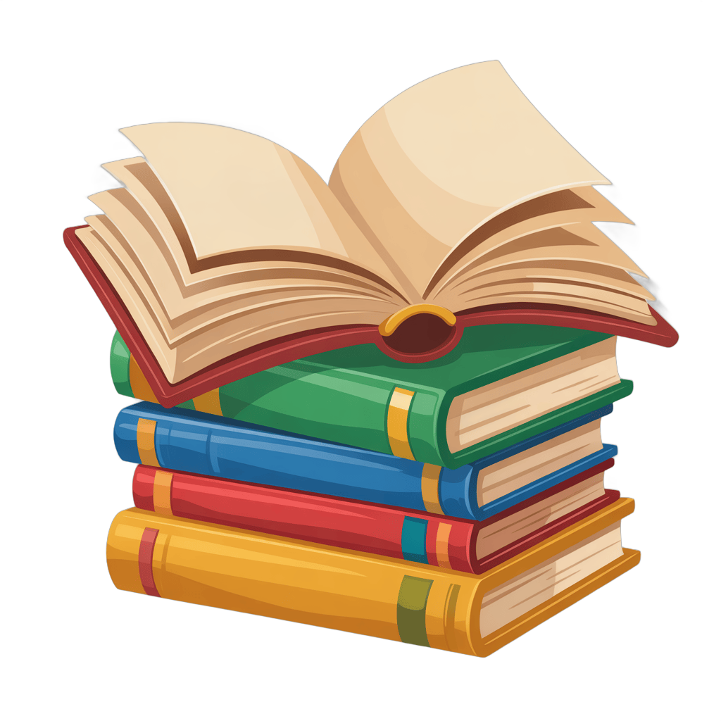 Colorful stack of books with open book on top for education and learning illustrations PNG - transparent background