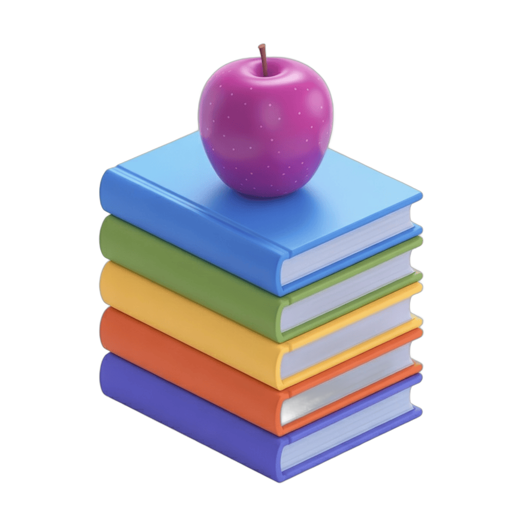 Colorful stack of books with pink apple on top for education and learning illustrations PNG - transparent background