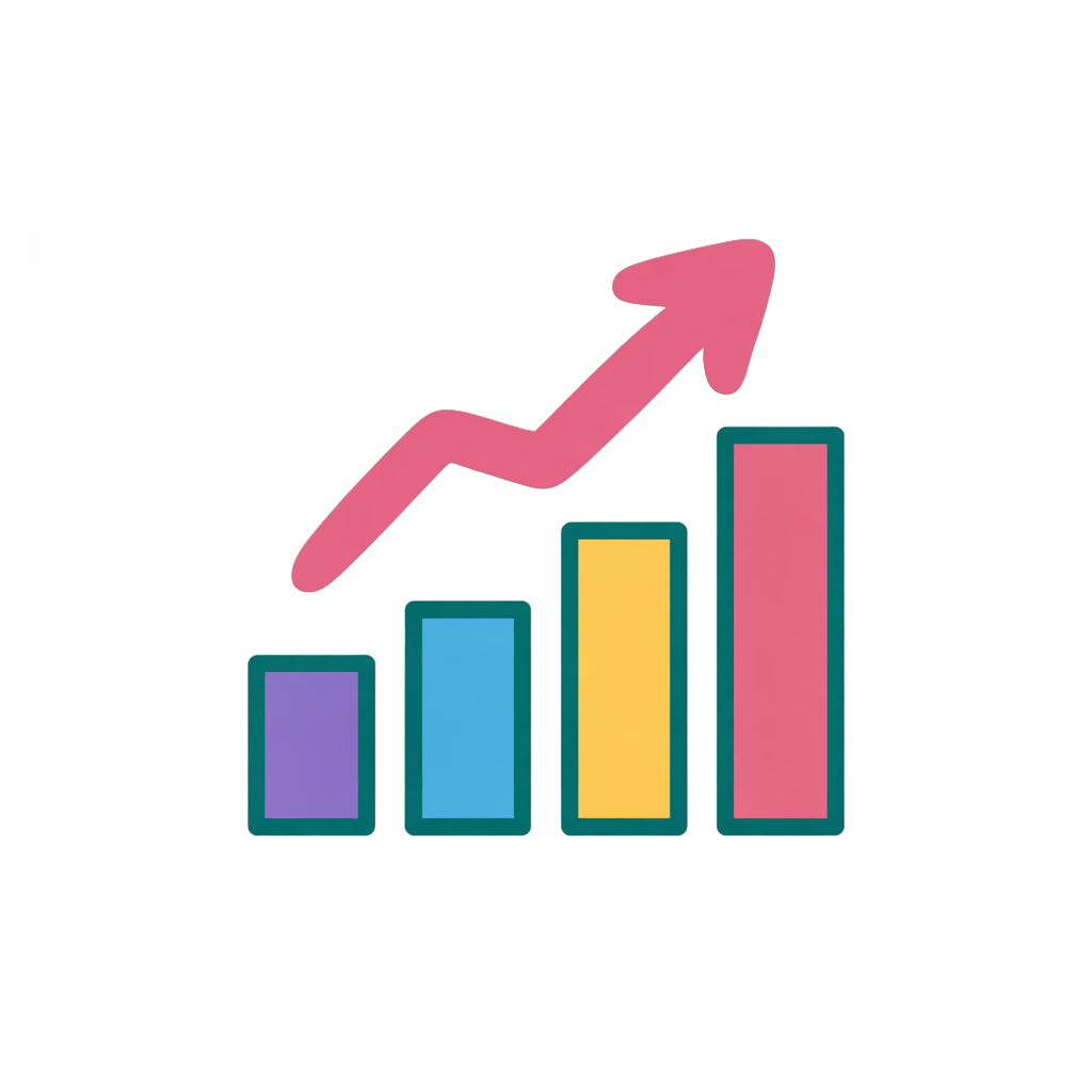 Colorful upward growth bar chart with rising arrow for business success and performance improvement presentations PNG - transparent background