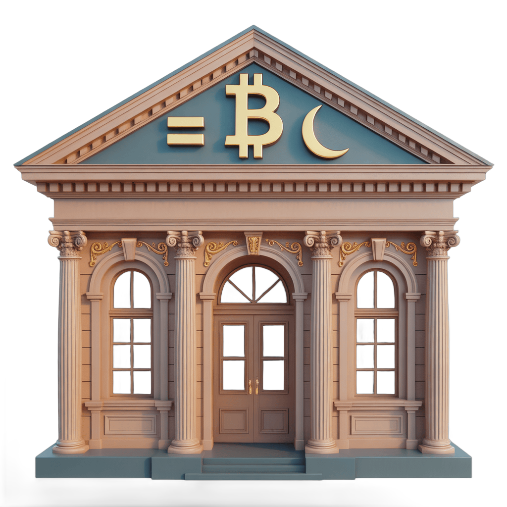 Cryptocurrency bank building illustration with bitcoin and moon symbol on roof for digital finance graphics PNG - transparent background