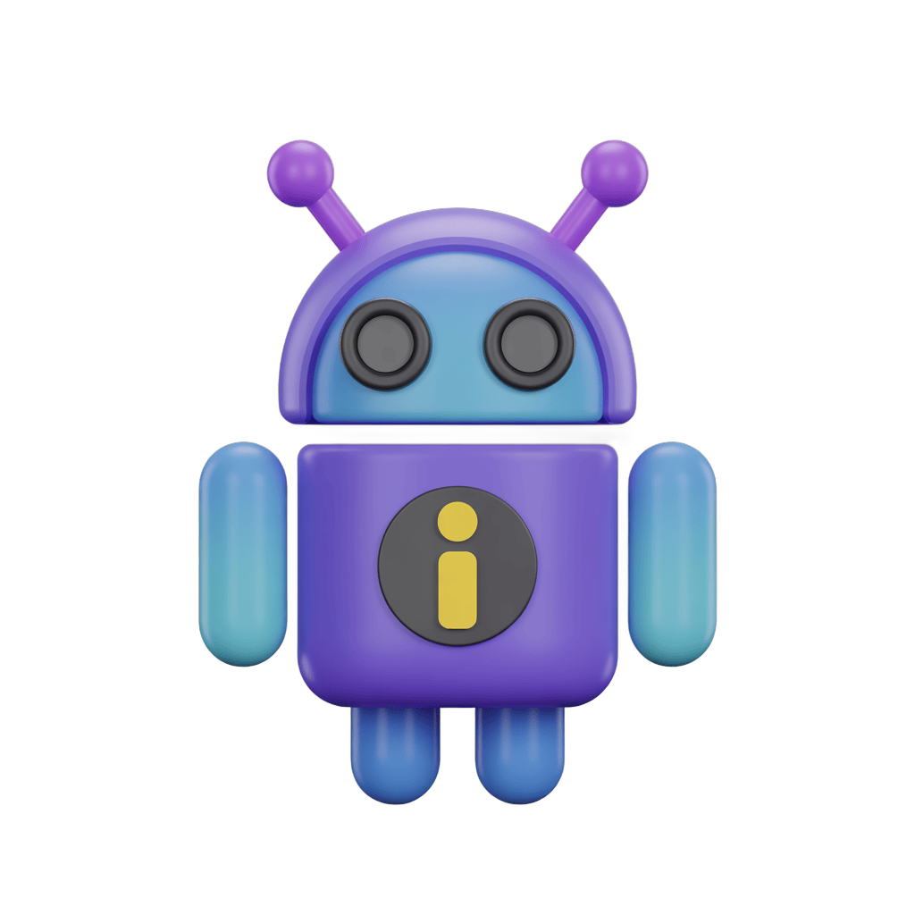 Cute cartoon android robot with information icon for app tech design illustrations PNG - transparent background