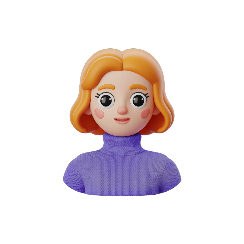 Cute cartoon girl with blonde hair in purple turtleneck for digital illustrations and branding PNG - transparent background