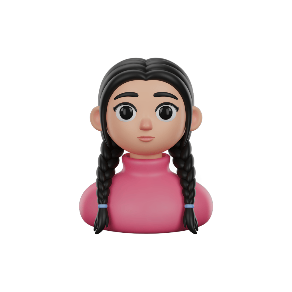 Cute cartoon girl with braids in pink turtleneck isolated clipart for children illustrations and branding PNG - transparent background