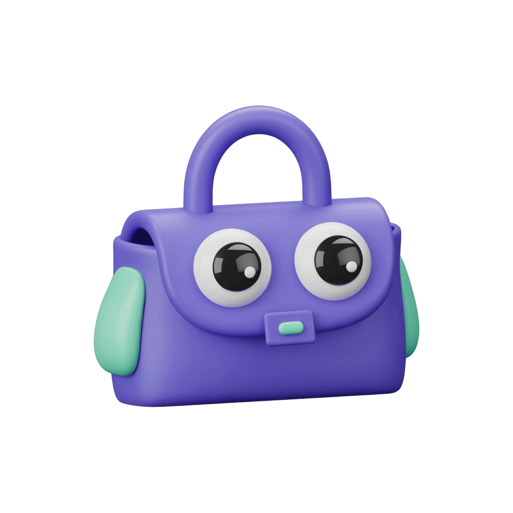 Cute cartoon purple handbag with big eyes isolated clipart for kids party invitations and children illustrations PNG - transparent background