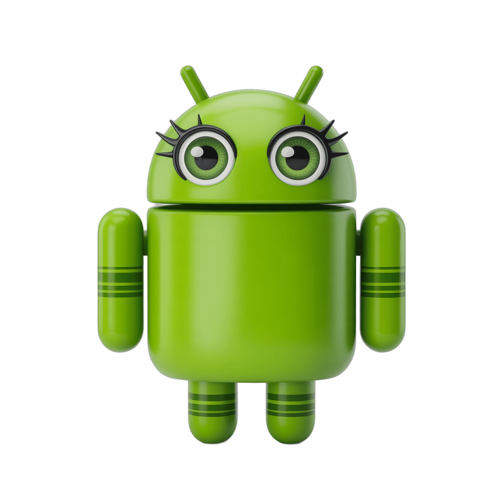 Cute green android robot mascot character with big eyes for mobile app logo or digital marketing PNG - transparent background