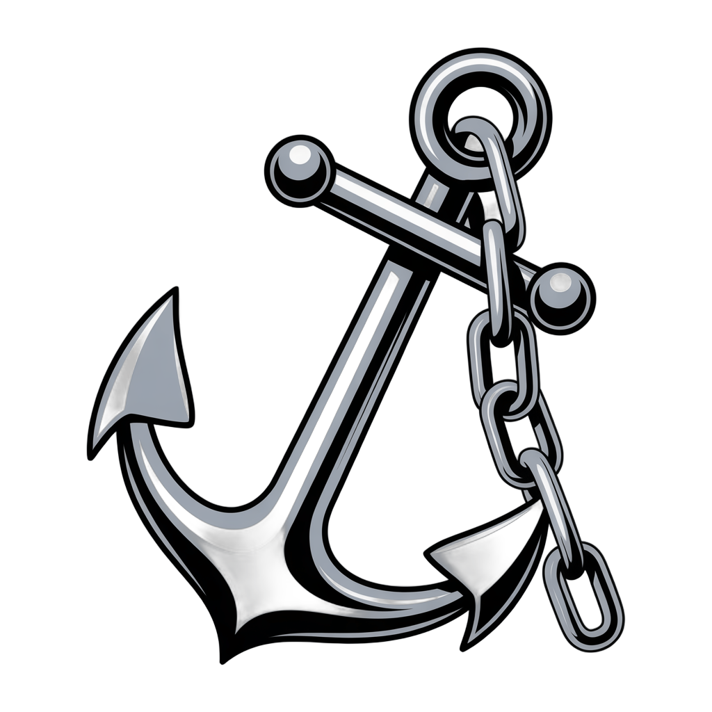 Detailed 3d cartoon anchor graphic element with chain for nautical logos and maritime branding PNG - transparent background
