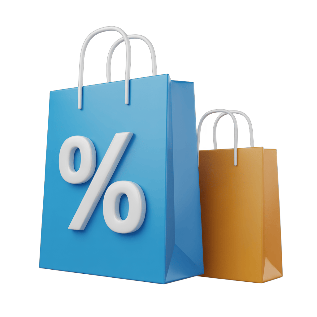 Discount sale shopping bags with percentage symbol for online deals and promotions PNG - transparent background