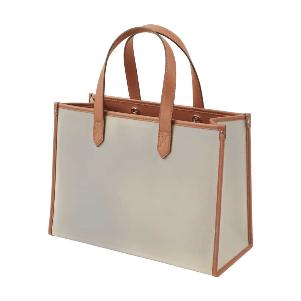Elegant beige tote bag with brown leather handles isolated graphic for fashion branding and ecommerce PNG - transparent background