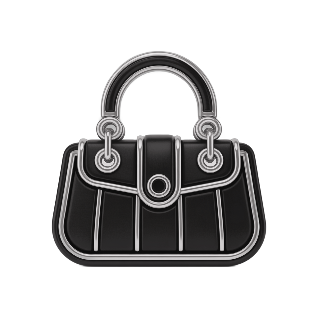 Elegant black leather handbag with silver hardware for fashion branding and editorial layouts PNG - transparent background