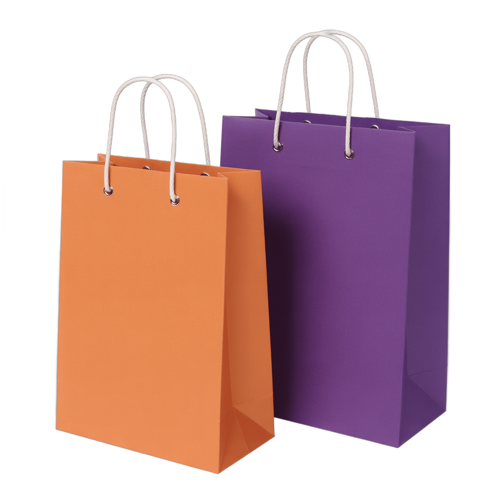Elegant orange and purple shopping bags with handles for retail branding and gift packaging PNG - transparent background
