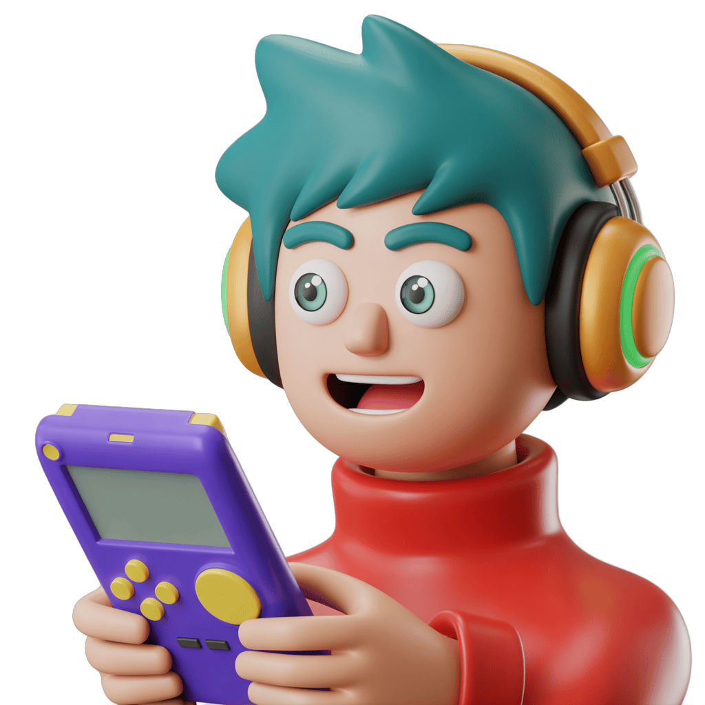 Excited cartoon boy playing retro purple handheld game console with headphones PNG - transparent background