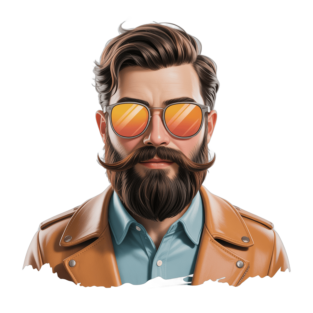 Fashionable man with beard and sunglasses wearing leather jacket and blue shirt for branding and editorial use PNG - transparent background