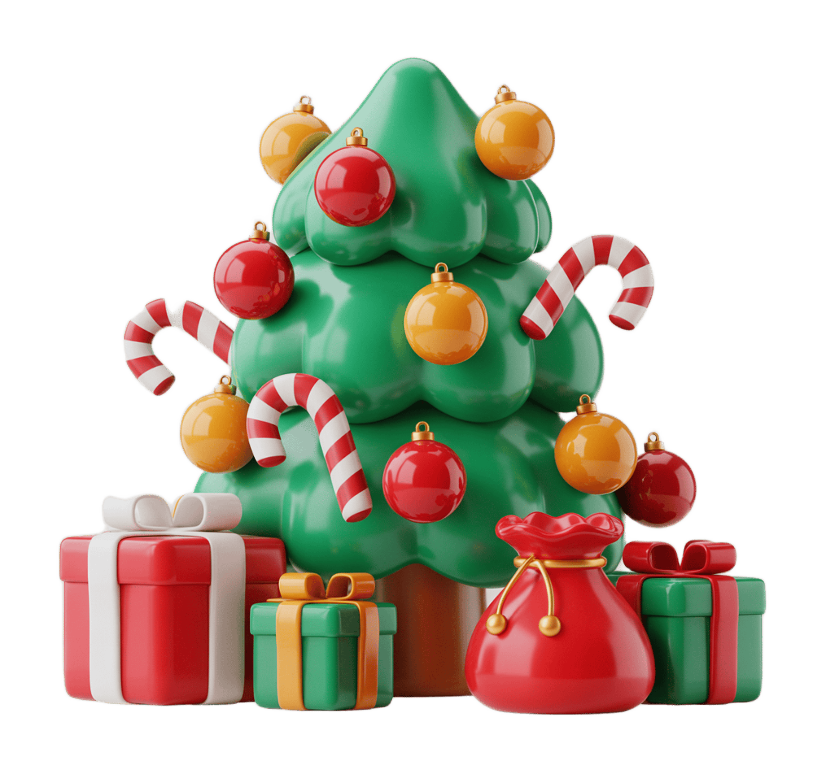 Festive cartoon christmas tree with candy canes gifts and ornaments for holiday marketing PNG - transparent background