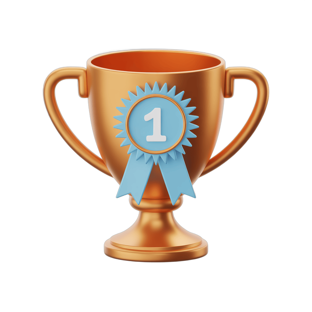 First place award trophy with blue ribbon and number one badge for competition winners PNG - transparent background