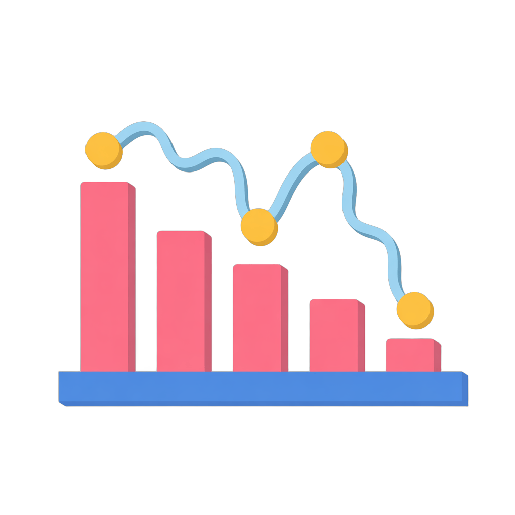 Flat design bar chart with line graph showing business growth and decline for presentations and reports PNG - transparent background