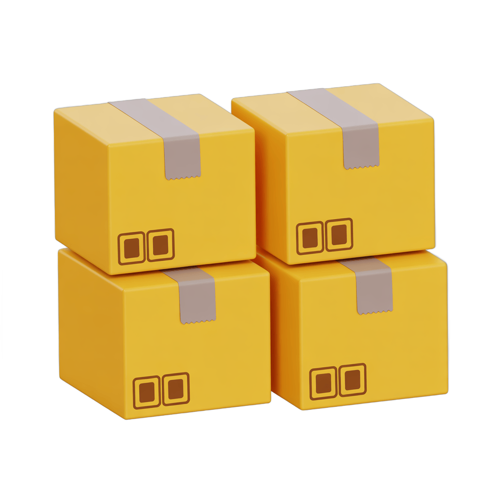 Four yellow delivery boxes stacked ready for shipping and logistics presentation PNG - transparent background