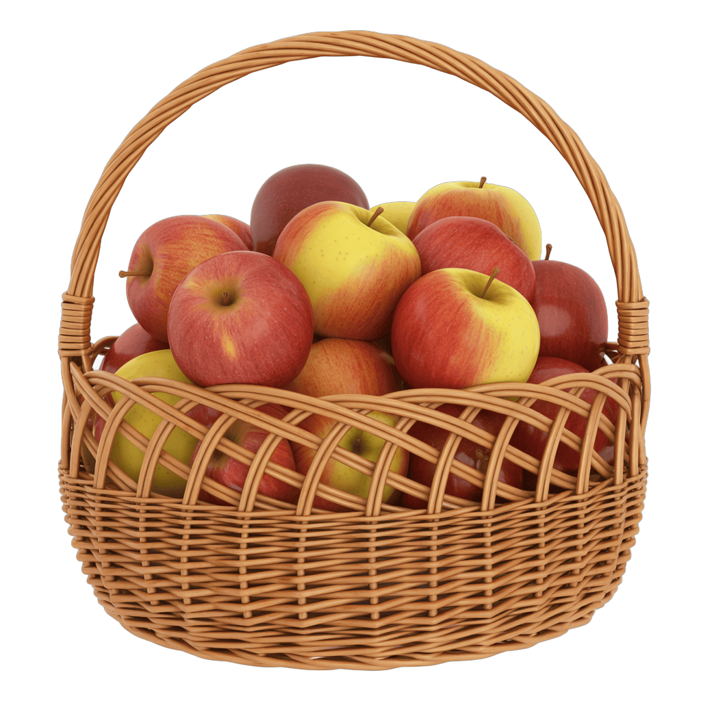 Fresh assorted apples in woven basket for healthy food marketing and autumn harvest design PNG - transparent background