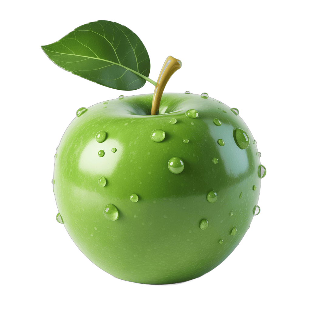 Fresh green apple with water droplets and leaf isolated on transparent background for food marketing PNG - transparent background