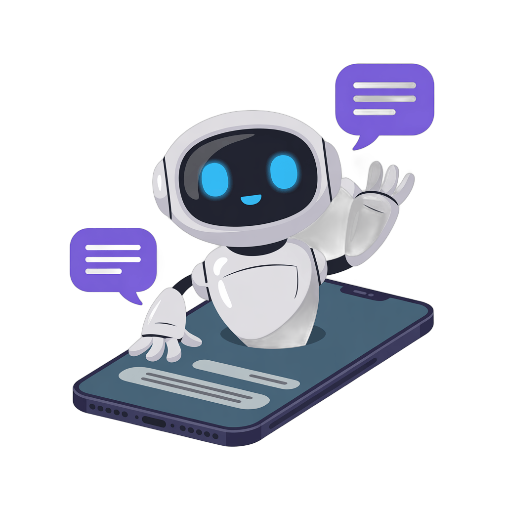 Friendly robot waving on smartphone chatting with speech bubbles for tech app interface PNG - transparent background