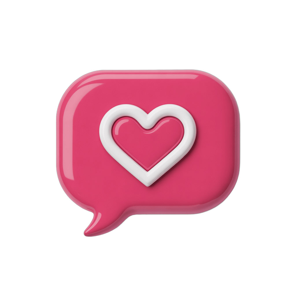 Glossy pink speech bubble with white heart icon isolated clipart for love messages and social media graphics PNG - transparent background
